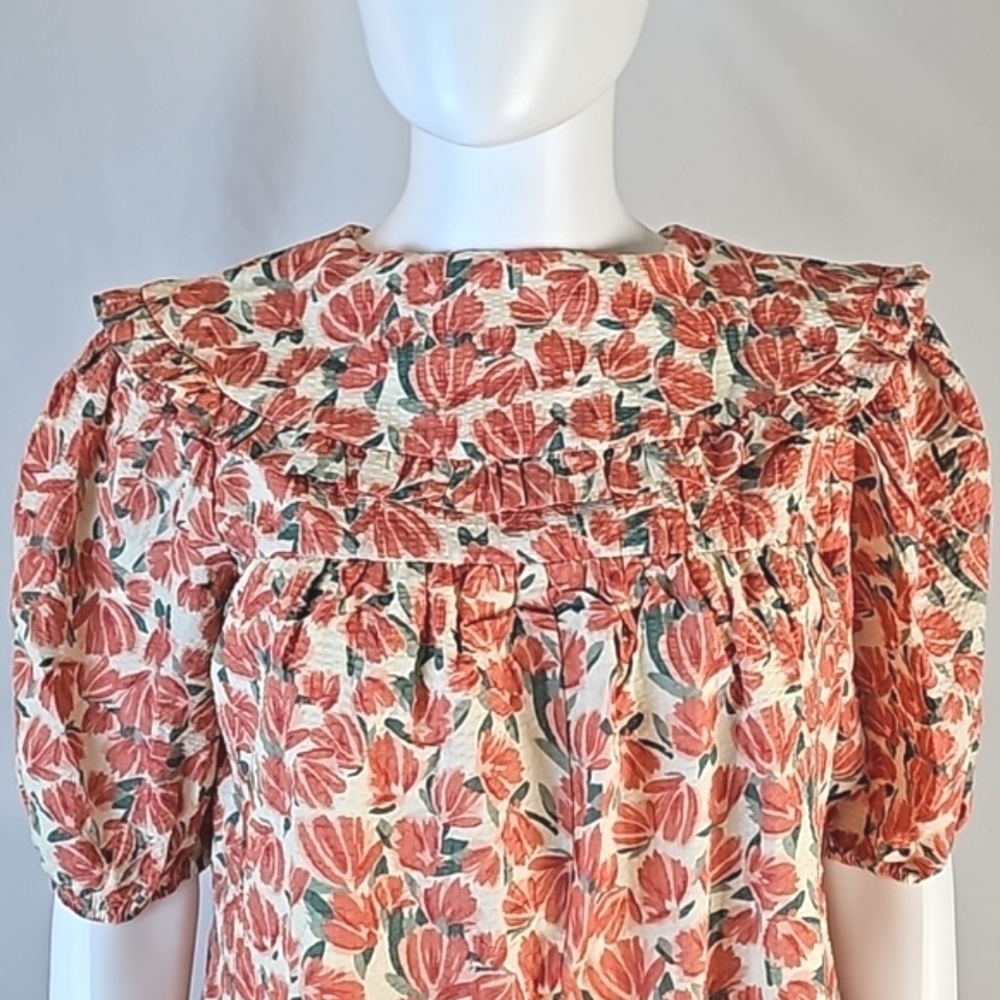 NWT Moodie Textured Cotton Coral Floral Print Ruffle Bib Collar Babydoll… - Picture 4 of 16